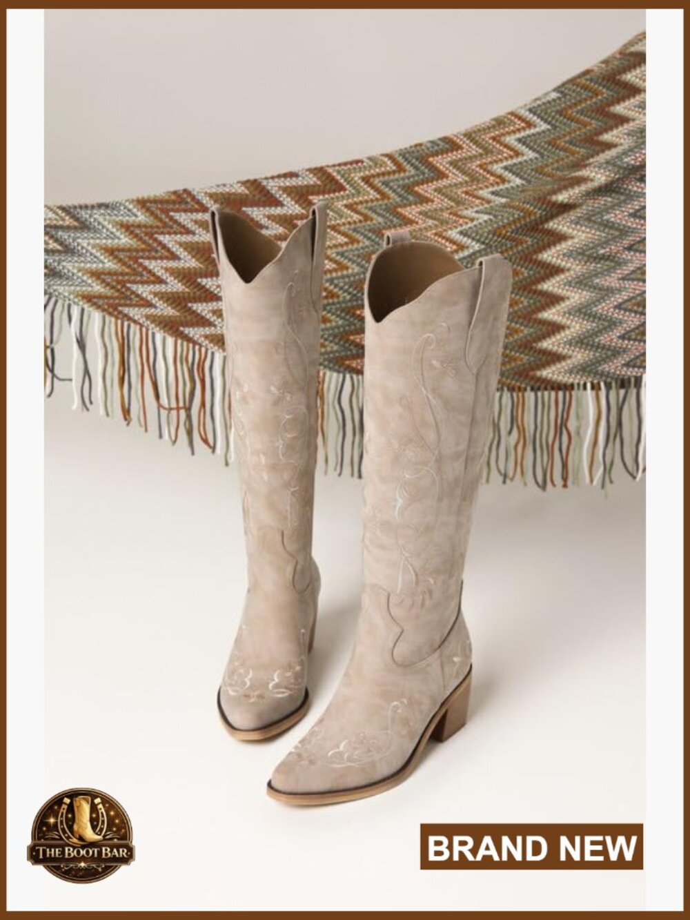 Knee High Western Boots Floral Embroidered Pointed Toe Chunky Heel Pull On - Picture 4 of 7